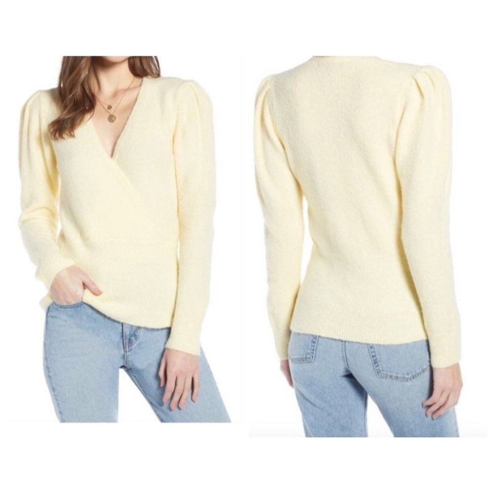 Something Navy Yellow Alpaca blend v neck faux wrap Sweater size S